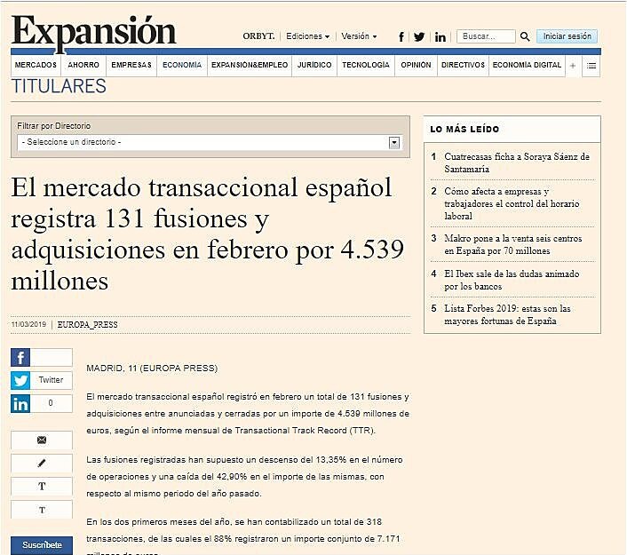 El mercado transaccional espaol registra 131 fusiones y adquisiciones en febrero por 4.539 millones